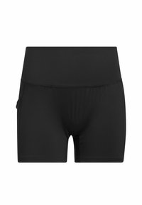 Μαύρο αθλητικό σορτς από ελαστικό ύφασμα, με φαρδιά ζώνη μέσης και λεία, εφαρμοστή σχεδίαση με τσέπη στο πλάι.