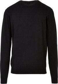 Schwarzer Langarm-Pullover mit Rundhalsausschnitt, gerippten Bündchen und Saum, von hinten vor einem schlichten weißen Hintergrund gezeigt.