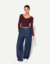 Bershka - LONG SLEEVE V-NECK - Long sleeved top - bordeaux Thumbnail Image 1