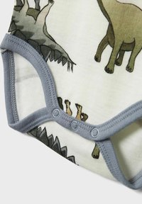 Kūdikių bodis su dinozaurų raštais, pilku apvaduku ir trimis spaudėmis apačioje.