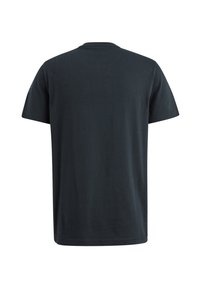 T-shirt nera in cotone con maniche corte, colletto a giro e una texture liscia. La vista posteriore mostra un design semplice e non adornato senza grafiche.