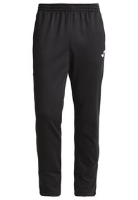 Zwarte sportieve broek van glad, elastisch materiaal. Voorzien van een elastische tailleband en een klein wit logo op de linkerheup.