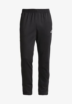 Czarne sportowe spodnie wykonane z gładkiego, elastycznego materiału. Posiadają elastyczny pas oraz małe białe logo na lewym biodrze.