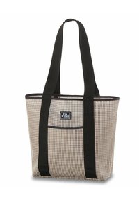 Borsa a secchiello rettangolare con un motivo intrecciato beige e nero, dotata di robuste cinghie nere e una tasca frontale. Patch con logo sulla parte anteriore.