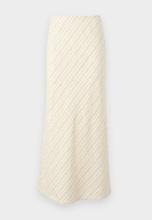 Midi-nederdel i cremefarve med diagonalt stribemønster i brun. Har en figursyet talje og blødt stof med en glat tekstur.