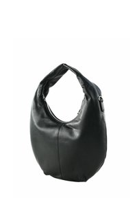 Schwarze Leder-Hobo-Tasche mit einem geschwungenen Design, einem einzelnen breiten Tragegurt und einem Reißverschluss oben. Verfügt über eine glatte Textur und minimale Nähdetails.