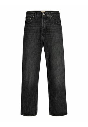 Jean en denim noir à coupe droite avec fermeture avant par bouton et fermeture éclair, passants pour ceinture et design cinq poches.