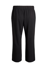 Melnas kultivētas bikses no gludas auduma. Tām ir elastīga jostasvieta un vienkāršas, tīras līnijas bez kabatām vai rotājumiem.