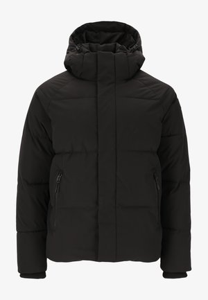 Schwarze gepolsterte Jacke mit hohem Kragen und verstellbarem Kapuze. Mit Reißverschlusstaschen an den Seiten und gerippten Bündchen für eine taillierte Passform.