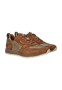 Sneaker in suede marrone con un pannello laterale tessuto a trama, design con lacci e suola in gomma con un sottile bordo a contrasto.