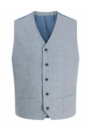 Vaaleansininen miesten liivi, jossa viisi ruskeaa nappia, V-kaula-aukko, kaksi etutaskua ja sileä kangaspinta.