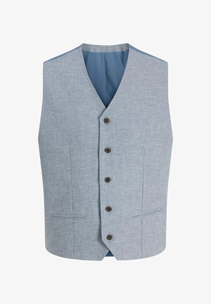 Gilet da uomo azzurro chiaro con cinque bottoni marroni, scollo a V, due tasche frontali a filetto e tessuto dalla texture liscia.