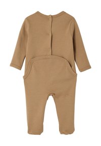 Brown long-sleeve baby romper with snap buttons along the back and around the waist, featuring covered feet.