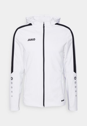 Weißer Sportjacke mit Kapuze, schwarzen Akzenten an Schultern und Ärmeln, mit Reißverschluss und Logo auf der linken Brust.