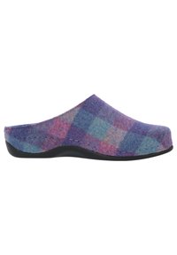 Woolen clogs with a purple and blue plaid pattern, black rubber sole, and ergonomic shape for comfort. Seam detailing around the edges.