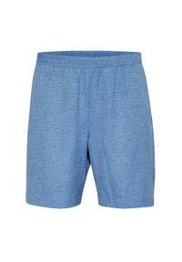 Pantaloncini azzurri realizzati in tessuto strutturato con vita elasticizzata, caratterizzati da una vestibilità comoda e privi di tasche o ornamenti aggiuntivi.
