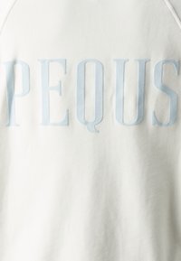 Felpa in tessuto avorio con scritta in rilievo azzurro chiaro che recita "PEQUS". Superficie texturizzata con design a maniche raglan.