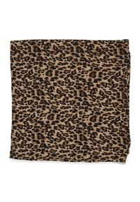 Leopardmønstret tørklæde med nuancer af beige, brun og sort. Stoffet er blødt med en glat tekstur og en rektangulær form.
