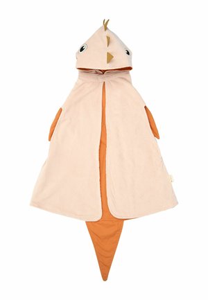 Cape à capuche beige et orange pour enfants, conçue pour ressembler à un oiseau avec des yeux, un bec, des ailes et une queue.