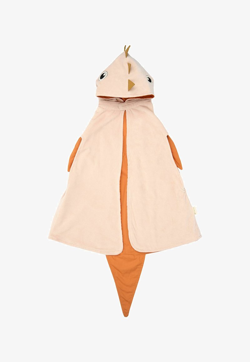 Cape à capuche beige et orange pour enfants, conçue pour ressembler à un oiseau avec des yeux, un bec, des ailes et une queue.