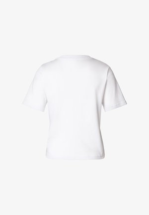 Baltas medvilninis marškinėlis su trumpomis rankovėmis, apvalia iškirpte ir paprastu dizainu be raštų ar logotipų. Rodoma nugaros pusė.