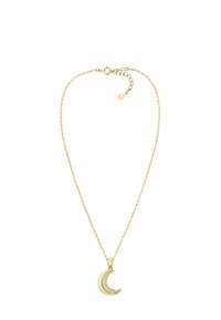 Collana in oro con pendente a forma di mezzaluna decorato con piccole pietre trasparenti. La catena è dotata di un gancio regolabile.