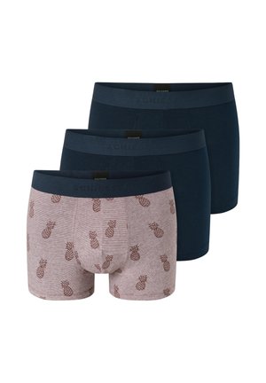 Trzy pary bokserek: jedna z różowo-brązowym wzorem ananasa, dwie gładkie w ciemnym granacie z elastycznymi pasami w talii. Miękki bawełniany materiał.