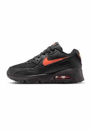 Sort Nike Air Max sneaker med orange swoosh og synlig luftpolstring i sålen, vist fra siden på hvid baggrund.