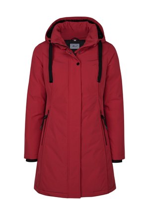 Rode lange winterjas met capuchon, zwarte trekkkoorden, een voorrits die is verborgen onder een knoopsluiting, en met ritssluitingen gesloten zijzakken.