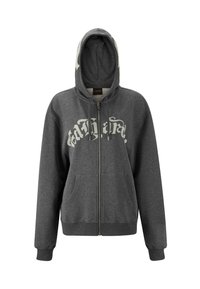Gray zip-up hoodie made of soft fabric, featuring a large white graphic on the front, two front pockets, and a drawstring hood.