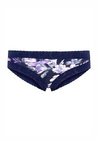 Navyblå underkläder med blommönster och en vågig midjeband, med lila och vita blommor på en mörk bakgrund och en mjuk textur.