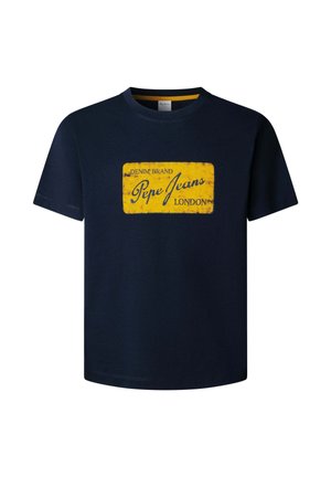 Marineblaues Baumwoll-T-Shirt mit einem gelben rechteckigen Motiv, auf dem in kontrastierenden dunklen Buchstaben "Pepe Jeans LONDON" und "DENIM BRAND" steht.