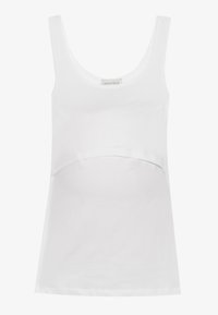 Bela nosečniška majica s širokim izrezom, prilegajočim bodijem in zbranim pasom za večjo fleksibilnost; izdelana iz mehkega, raztegljivega materiala.