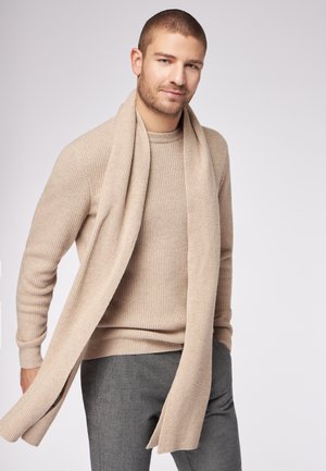 Uomo con capelli corti, vestito con un maglione a coste beige e una sciarpa, abbinati a pantaloni grigi, in piedi su uno sfondo chiaro e uniforme.