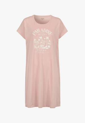 Lyserød kortærmet kjole med hvid "Paradise Island Sea & Sun" tekst og strandillustration foran, rund halsudskæring.