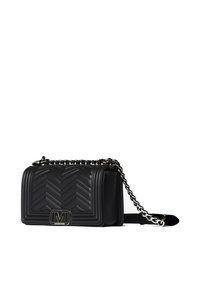 Borsa a tracolla in pelle trapuntata nera con motivo a zigzag, dotata di una robusta tracolla a catena e di un accento metallico con logo sul davanti.