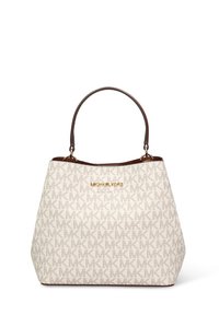 Borsa a tracolla beige con motivo in materiale sintetico, con dettagli in pelle marrone e logo dorato sulla parte anteriore. Base quadrata con parte superiore arrotondata.