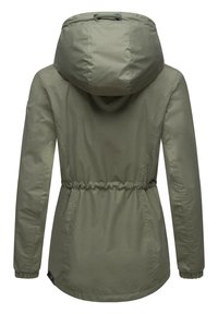 Olivgrön lättviktsjacka med huva, dragsko i midjan, elastiska ärmslut och slät tyg med en enkel design.