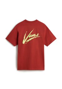 Camiseta de algodón roja con un gran logo amarillo de 'Vans' en un diseño de pincelada en la parte posterior. Manga corta y un ajuste clásico.