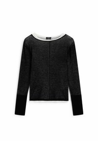 Pull noir à manches longues avec encolure blanche contrastante et larges poignets noirs, en tissu léger et transparent, posé à plat sur fond blanc.