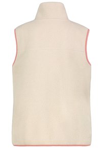 Fleece vesta v off-white barvě s texturovaným povrchem. Má vysoký límec a růžové lemování kolem průramků a spodního lemu. Žádné viditelné přední zapínání.