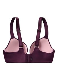 Lilla og pink bh med justerbare stropper og hægtemekanisme vist bagfra på en hvid baggrund.
