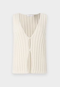 Strickweste in Creme, mit V-Ausschnitt und geripptem Muster. Auffälliges Ausschnittdetail vorne sorgt für Design-Interesse.
