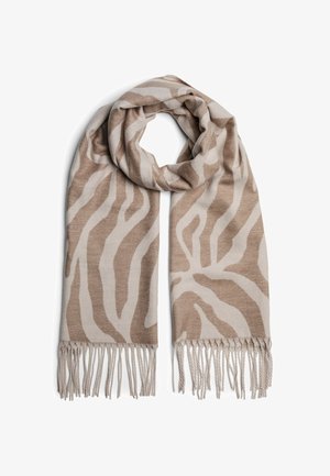 Sciarpa a righe zebra in beige e bianco sporco, realizzata in materiale morbido. Presenta bordi frangiati e un design leggero e drappeggiato.