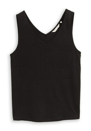 Débardeur noir en coton sans manches avec un col en V et une petite étiquette blanche de marque à l'intérieur de l'encolure.