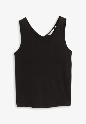 Débardeur noir en coton sans manches avec un col en V et une petite étiquette blanche de marque à l'intérieur de l'encolure.