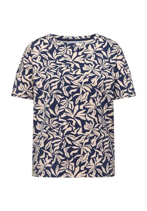 Marineblaues Kurzarmhemd mit einem durchgehenden beigen botanischen Blattmuster und rundem Ausschnitt.