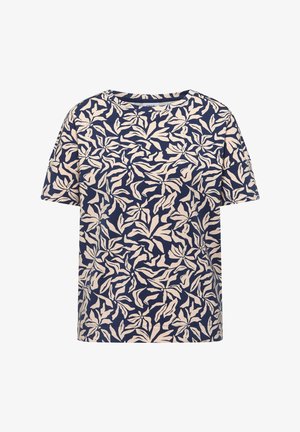 Chemise à manches courtes bleu marine avec un imprimé botanique beige feuilles sur l'ensemble et un col rond.