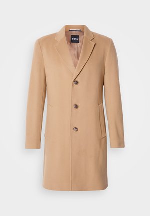 Camel wool-blend coat with a notched lapel, single-breasted closure, three brown buttons, two side pockets, and smooth texture.