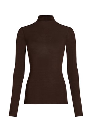 Braunes Langarm-Top mit Rollkragen aus leichtem Stoff, das eine figurbetonte Passform und eine glatte Textur ohne Muster oder Verzierungen aufweist.